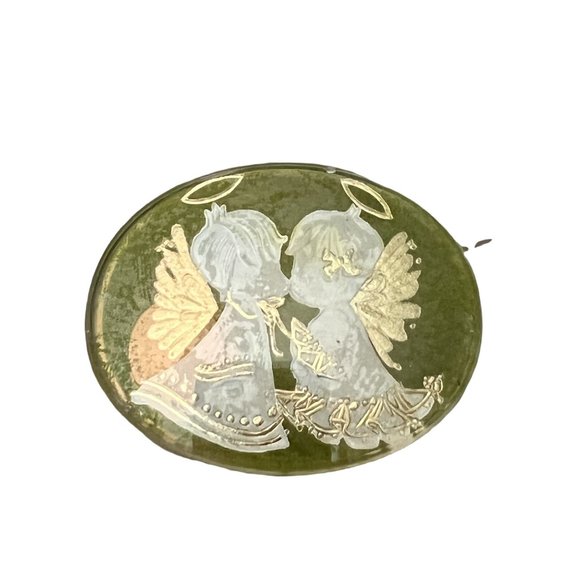 Jewelry - Vintage Handmade Eyeglass lens pin brooch angels white green gold